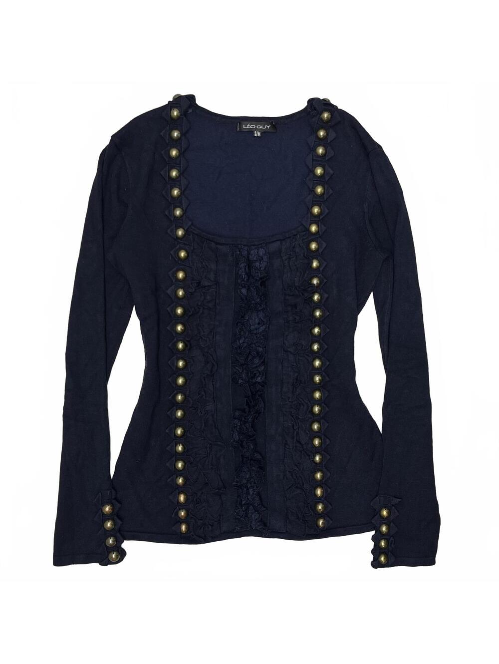 Vintage Leo Guy Sz S/M Navy Military Style Long Sleeve Ruffle Lace Brass Buttons